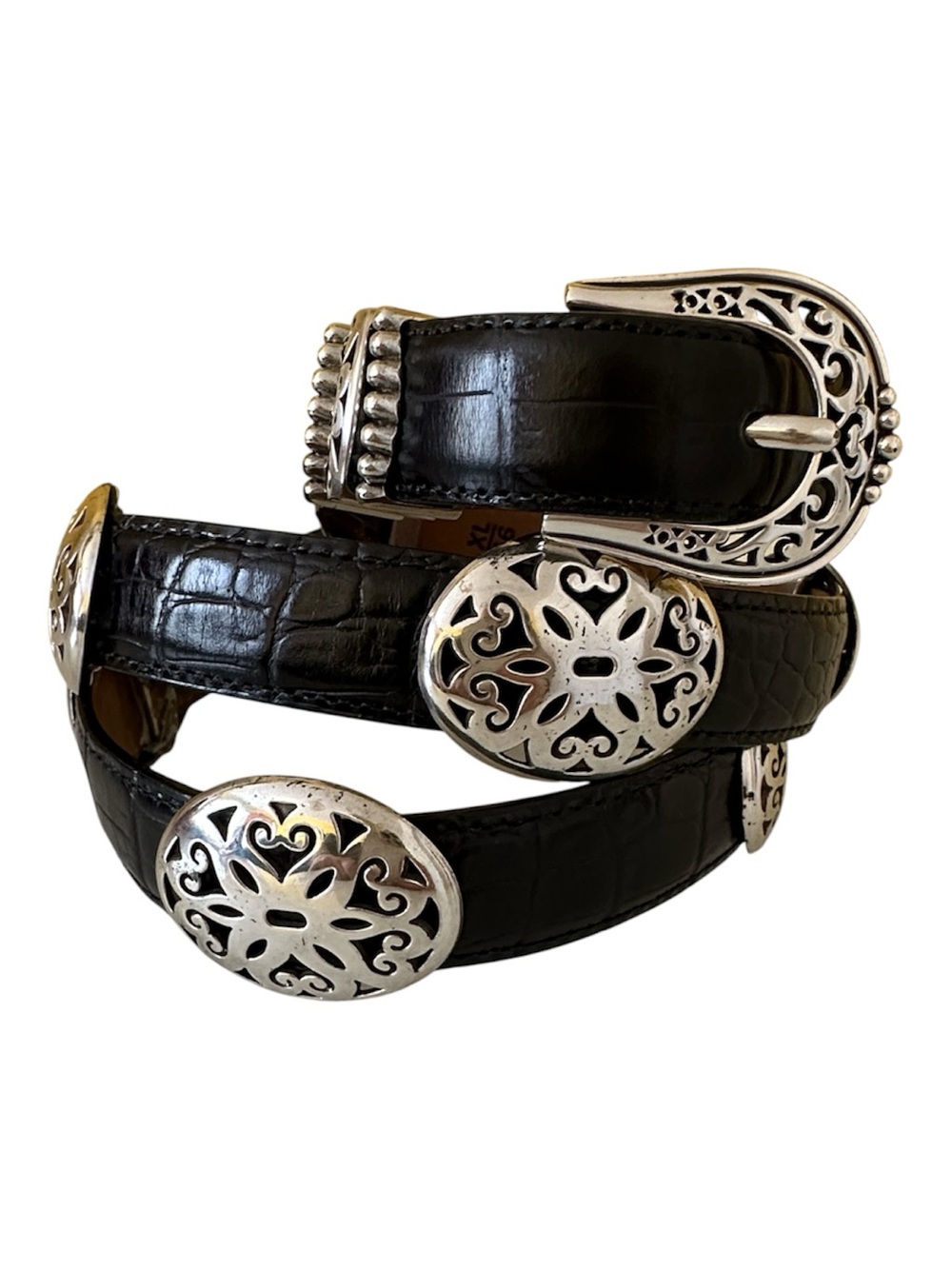 Brighton Women’s Black Croc-Embossed Western-Inspired Leather Belt Silver Buckle